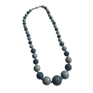 Vintage Hand Painted Blue Bead Necklace 16 Inch Length Hook Closure Gift Neutral